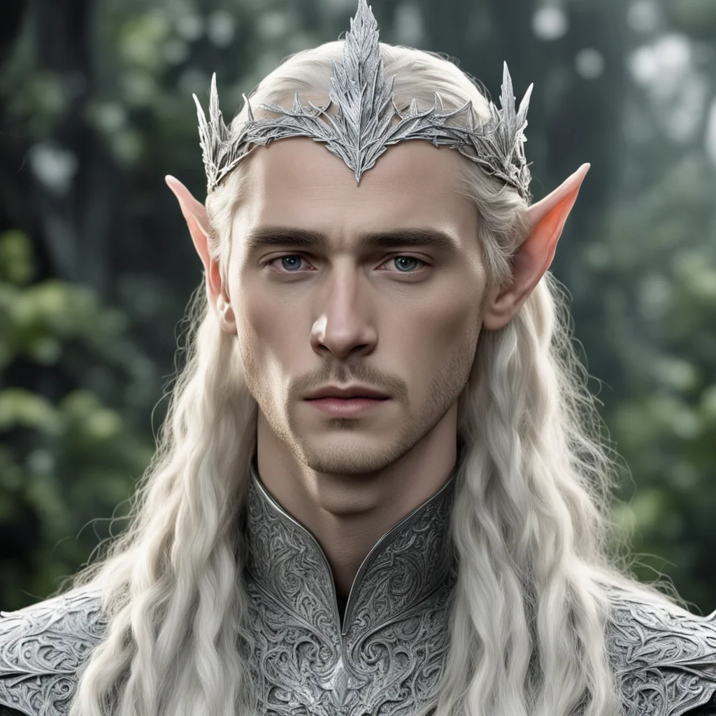 aitolkien king thranduil with blond hair and braids wearing silver maple leaf encrusted with diamonds silver elvish circlet with prominent center diamond  confident engaging wow artstation art 3