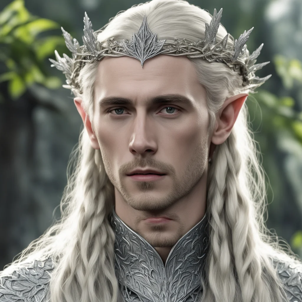tolkien king thranduil with blond hair and braids wearing silver maple leaf encrusted with diamonds silver elvish circlet with prominent center diamond  good looking trending fantastic 1