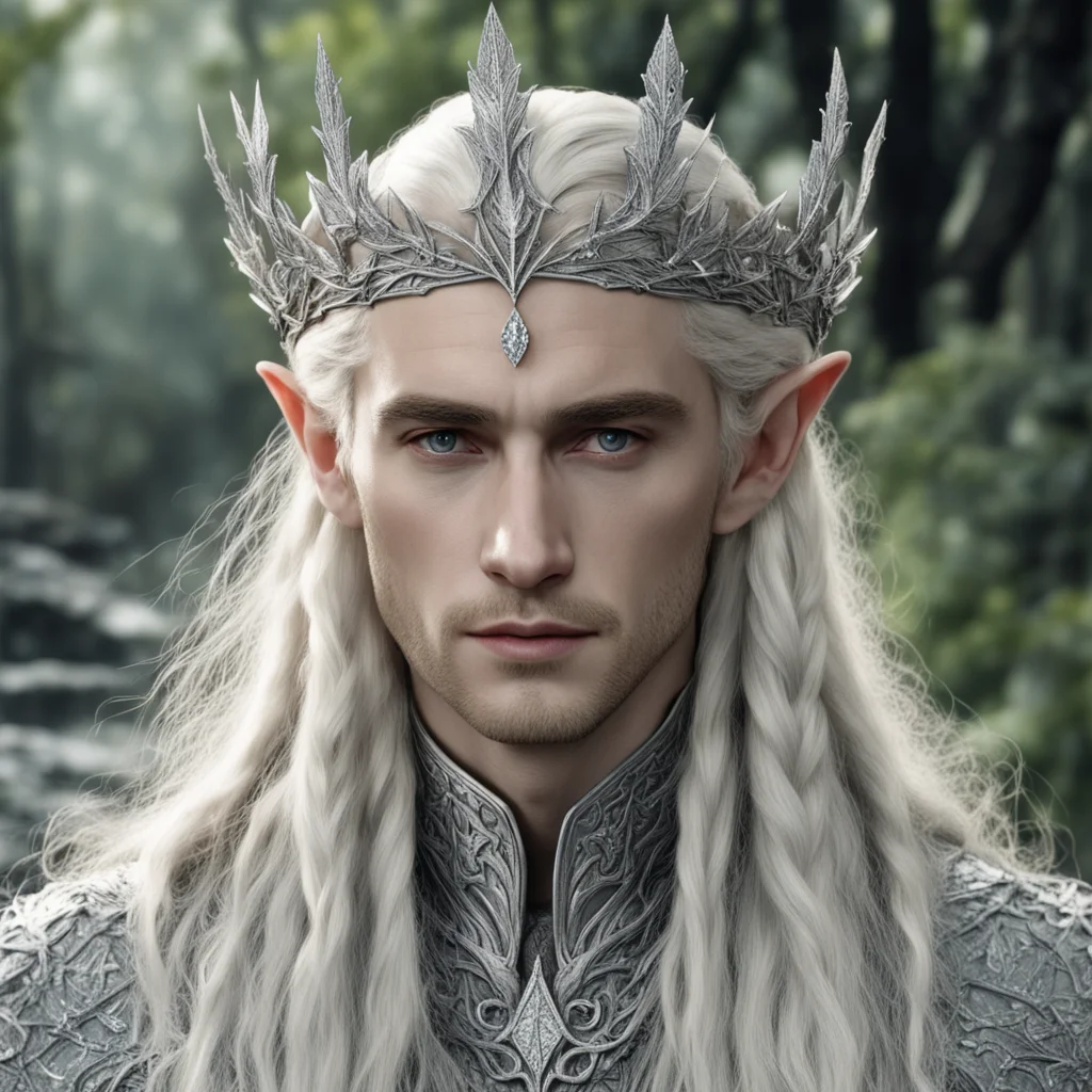 tolkien king thranduil with blond hair and braids wearing silver maple leaf encrusted with diamonds silver elvish circlet with prominent center diamond 
