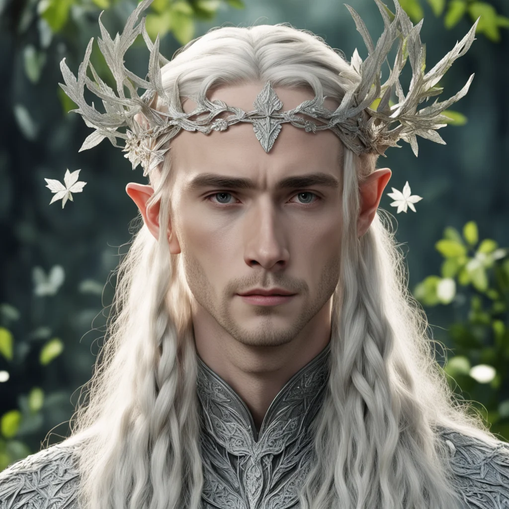 tolkien king thranduil with blond hair and braids wearing silver maple leaves encrusted with diamonds to form silver elvish circlet with large center diamond  amazing awesome portrait 2