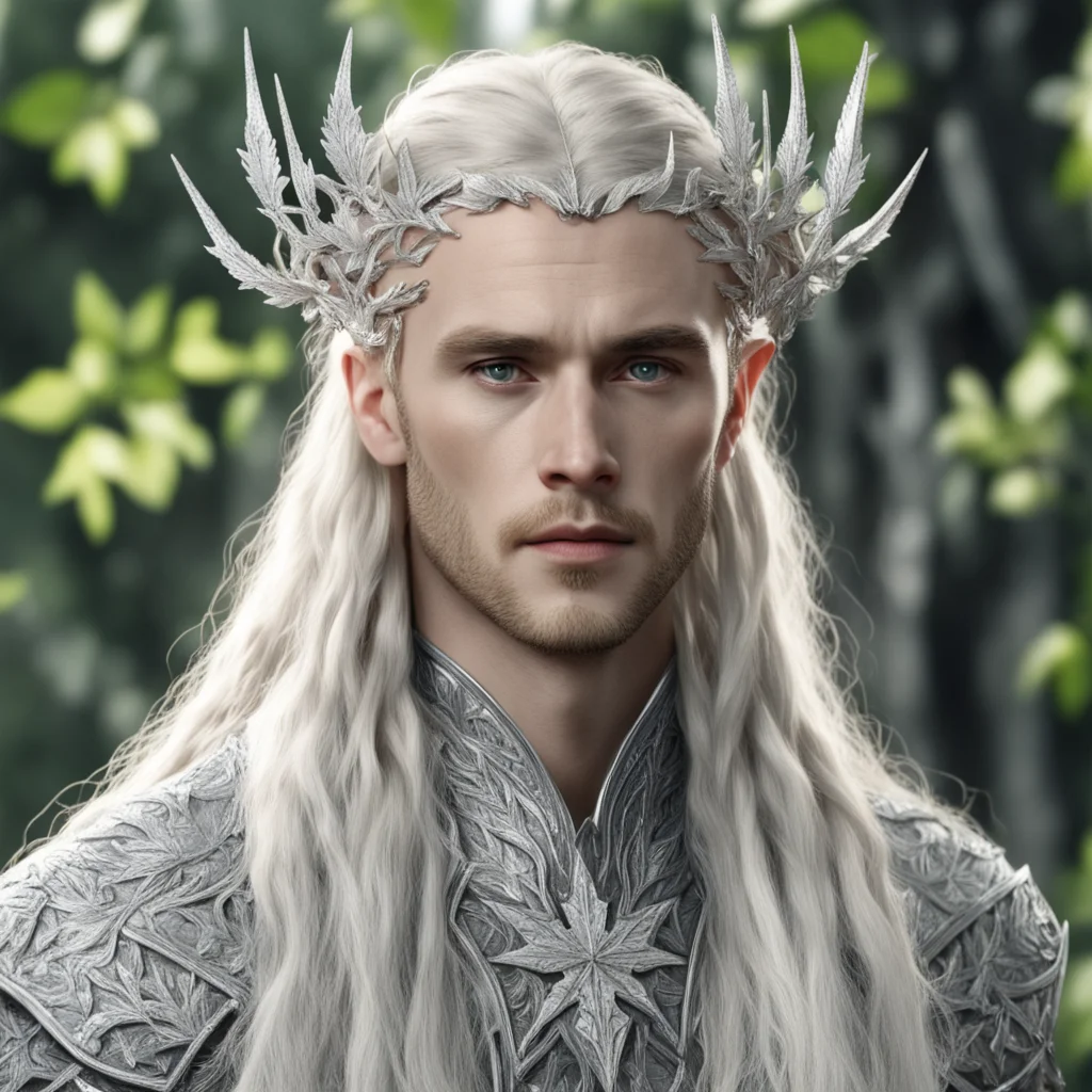 tolkien king thranduil with blond hair and braids wearing silver maple leaves encrusted with diamonds to form silver elvish circlet with large center diamond  confident engaging wow artstation art 3