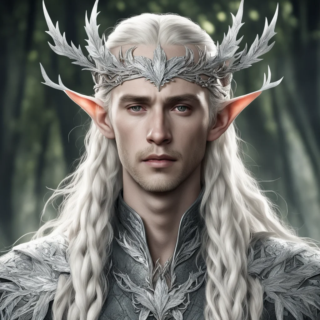 aitolkien king thranduil with blond hair and braids wearing silver maple leaves encrusted with diamonds to form silver elvish circlet with large center diamond  good looking trending fantastic 1