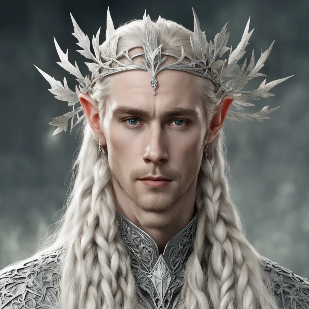 aitolkien king thranduil with blond hair and braids wearing silver maple leaves encrusted with diamonds to form silver elvish circlet with large center diamond 