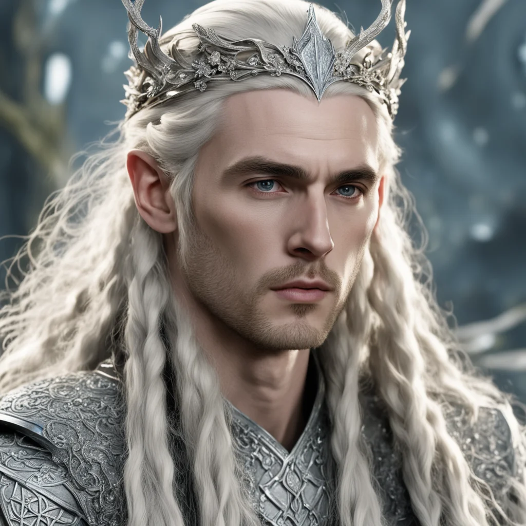 aitolkien king thranduil with blond hair and braids wearing silver oak circlet encrusted with diamonds and large diamond clusters amazing awesome portrait 2