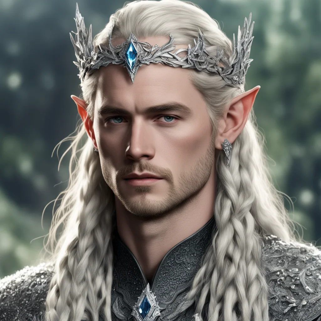 tolkien king thranduil with blond hair and braids wearing silver oak circlet encrusted with diamonds and large diamond clusters good looking trending fantastic 1