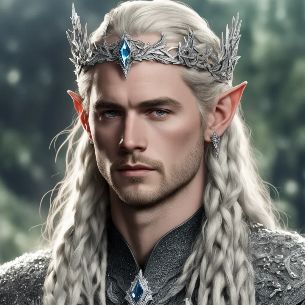 aitolkien king thranduil with blond hair and braids wearing silver oak circlet encrusted with diamonds and large diamond clusters good looking trending fantastic 1