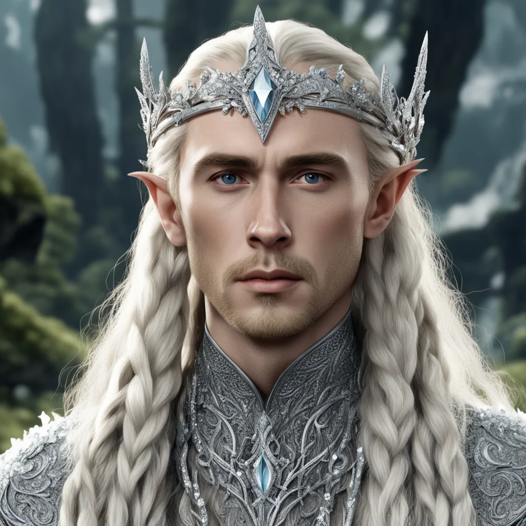 aitolkien king thranduil with blond hair and braids wearing silver oak circlet encrusted with diamonds and large diamond clusters with large center diamond amazing awesome portrait 2