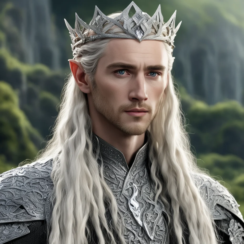 aitolkien king thranduil with blond hair and braids wearing silver oak circlet encrusted with diamonds and large diamond clusters with large center diamond confident engaging wow artstation art 3