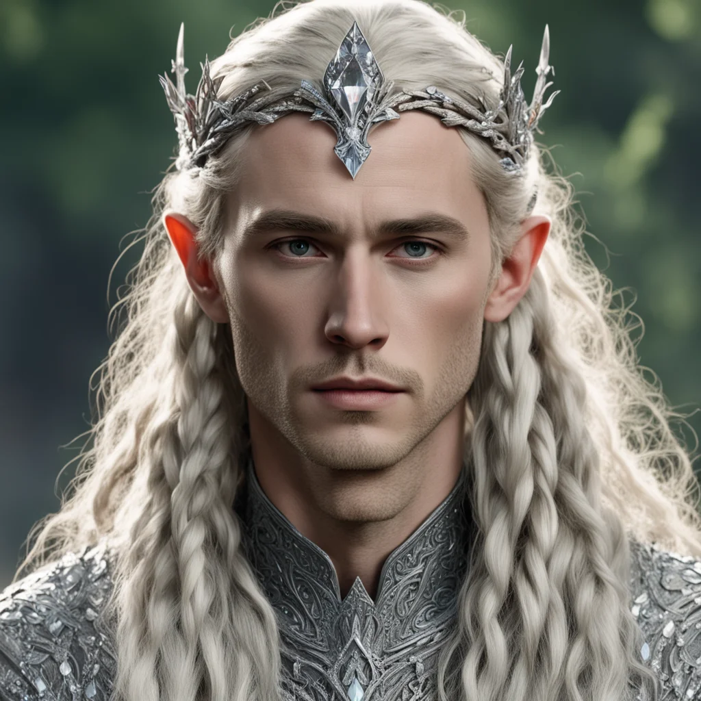 aitolkien king thranduil with blond hair and braids wearing silver oak circlet encrusted with diamonds and large diamond clusters with large center diamond good looking trending fantastic 1
