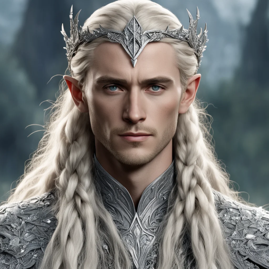 aitolkien king thranduil with blond hair and braids wearing silver oak circlet encrusted with diamonds and large diamond clusters with large center diamond