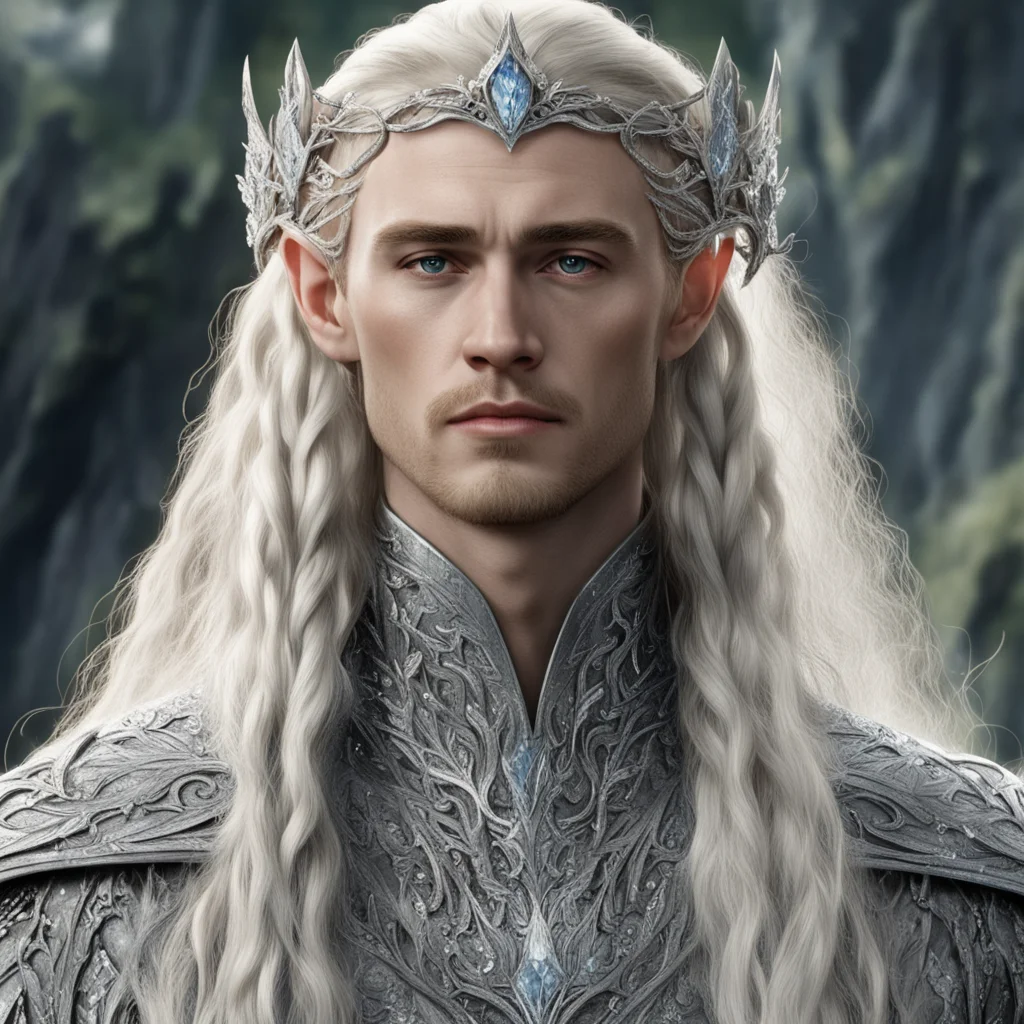 aitolkien king thranduil with blond hair and braids wearing silver oak circlet encrusted with diamonds and large diamond clusters
