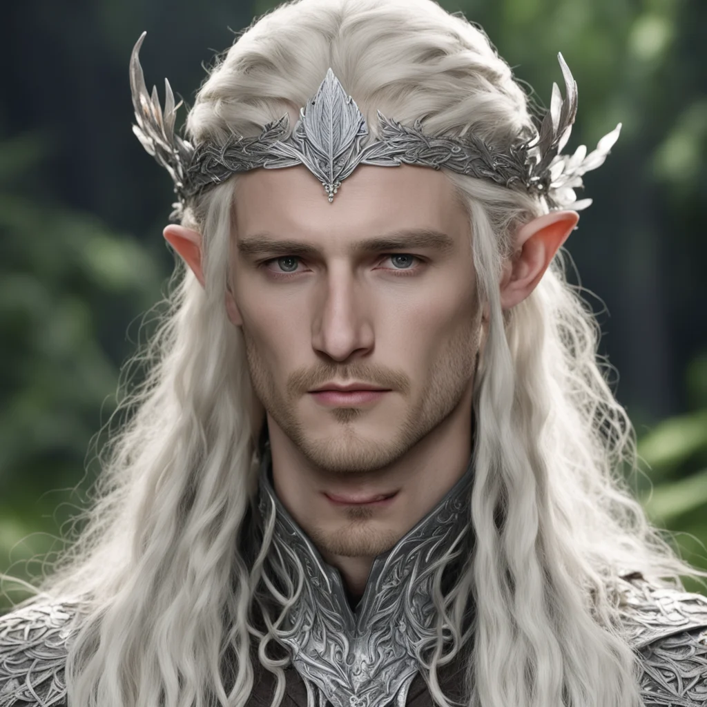aitolkien king thranduil with blond hair and braids wearing silver oak leaf elven circlet with diamonds with large center diamond amazing awesome portrait 2