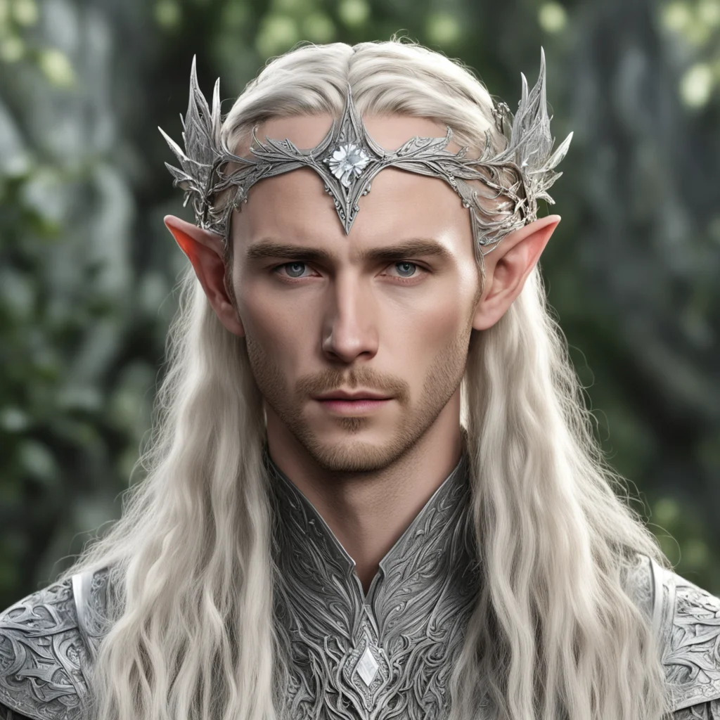 aitolkien king thranduil with blond hair and braids wearing silver oak leaf elven circlet with diamonds with large center diamond good looking trending fantastic 1
