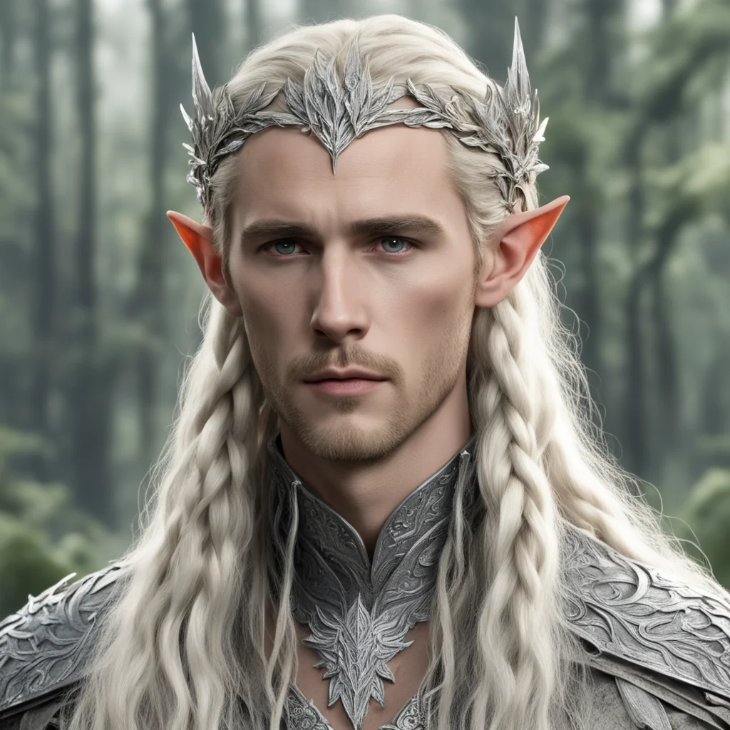 aitolkien king thranduil with blond hair and braids wearing silver oak leaf elven circlet with diamonds with large center diamond