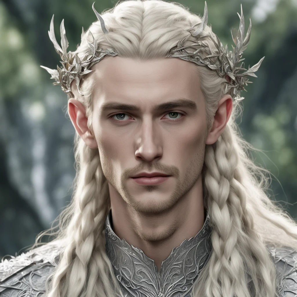 tolkien king thranduil with blond hair and braids wearing silver oak leaf elven circlet with diamonds
