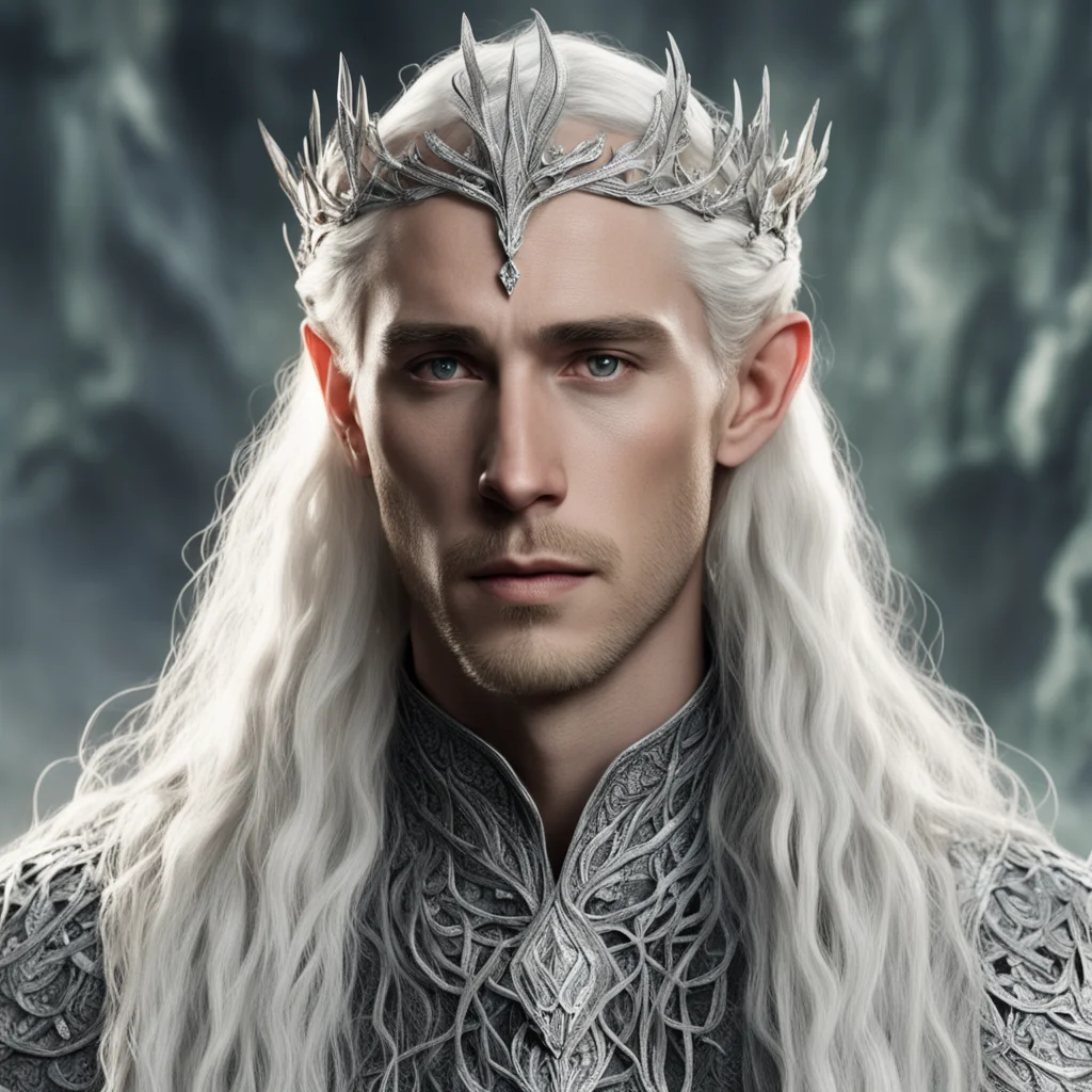 tolkien king thranduil with blond hair and braids wearing silver oak leaf encrusted with diamonds forming a silver serpentine elvish circlet encrusted with diamonds with large center diamond confide
