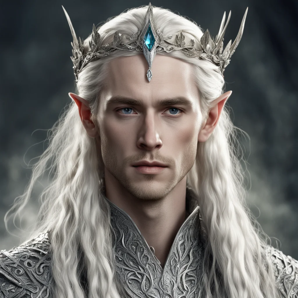 tolkien king thranduil with blond hair and braids wearing silver oak leaf encrusted with diamonds forming a silver serpentine elvish circlet encrusted with diamonds with large center diamond good lo