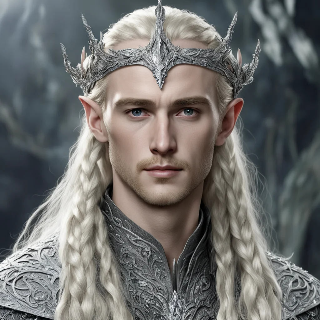 tolkien king thranduil with blond hair and braids wearing silver oak leaf encrusted with diamonds forming a silver serpentine elvish circlet encrusted with diamonds with large center diamond