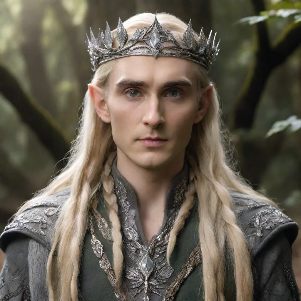 aitolkien king thranduil with blond hair and braids wearing silver oak leaf serpentine circlet encrusted with diamonds with large center diamond