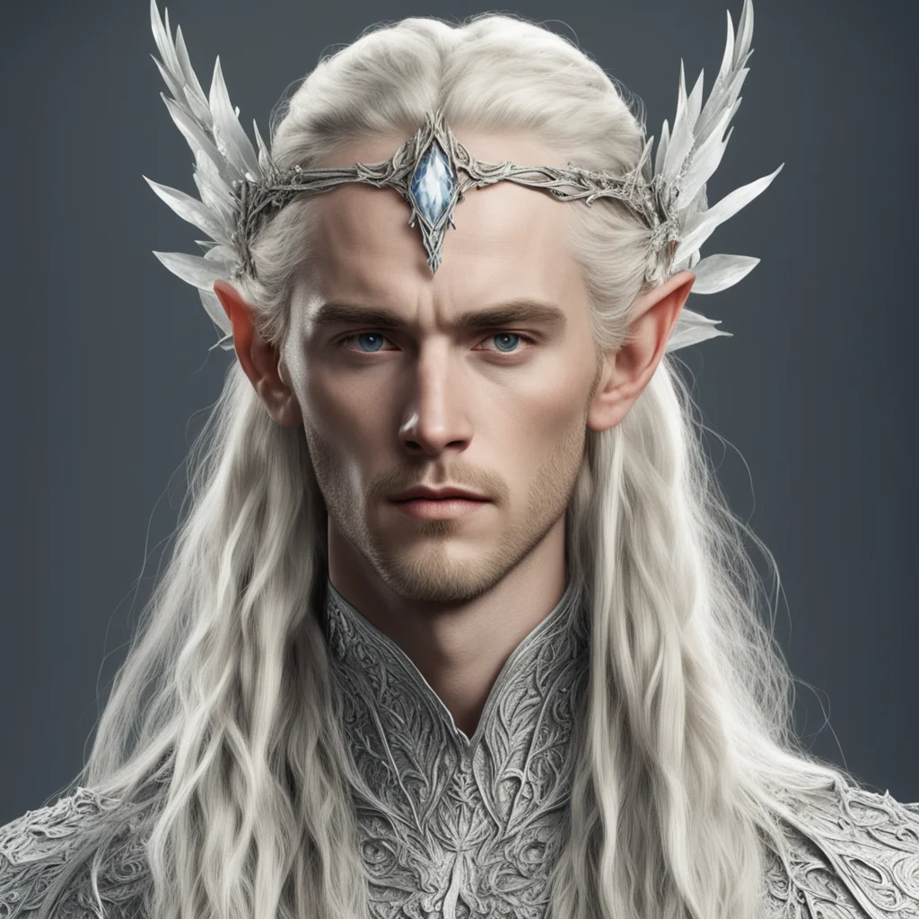 aitolkien king thranduil with blond hair and braids wearing silver orchids encrusted with diamonds forming a silver elvish circlet with large center diamond  amazing awesome portrait 2