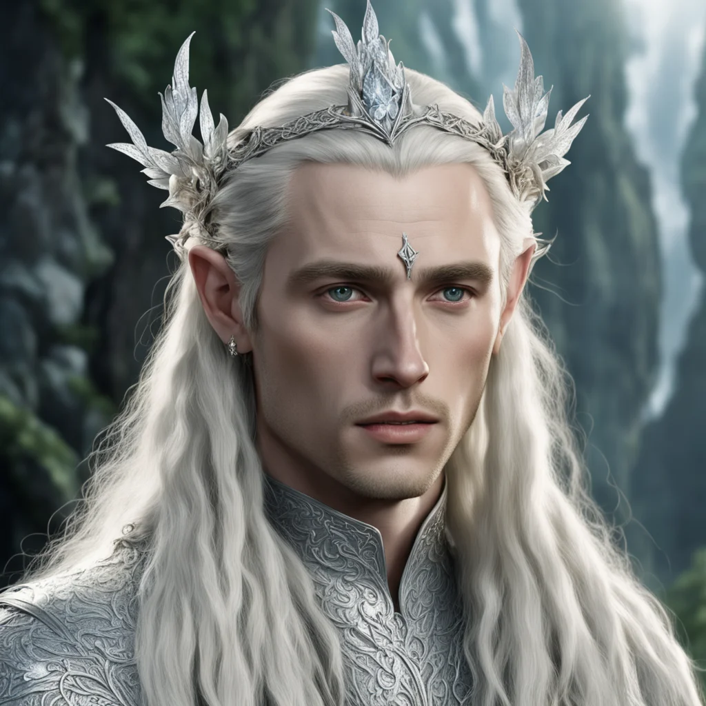 tolkien king thranduil with blond hair and braids wearing silver orchids encrusted with diamonds forming a silver elvish circlet with large center diamond  confident engaging wow artstation art 3.we
