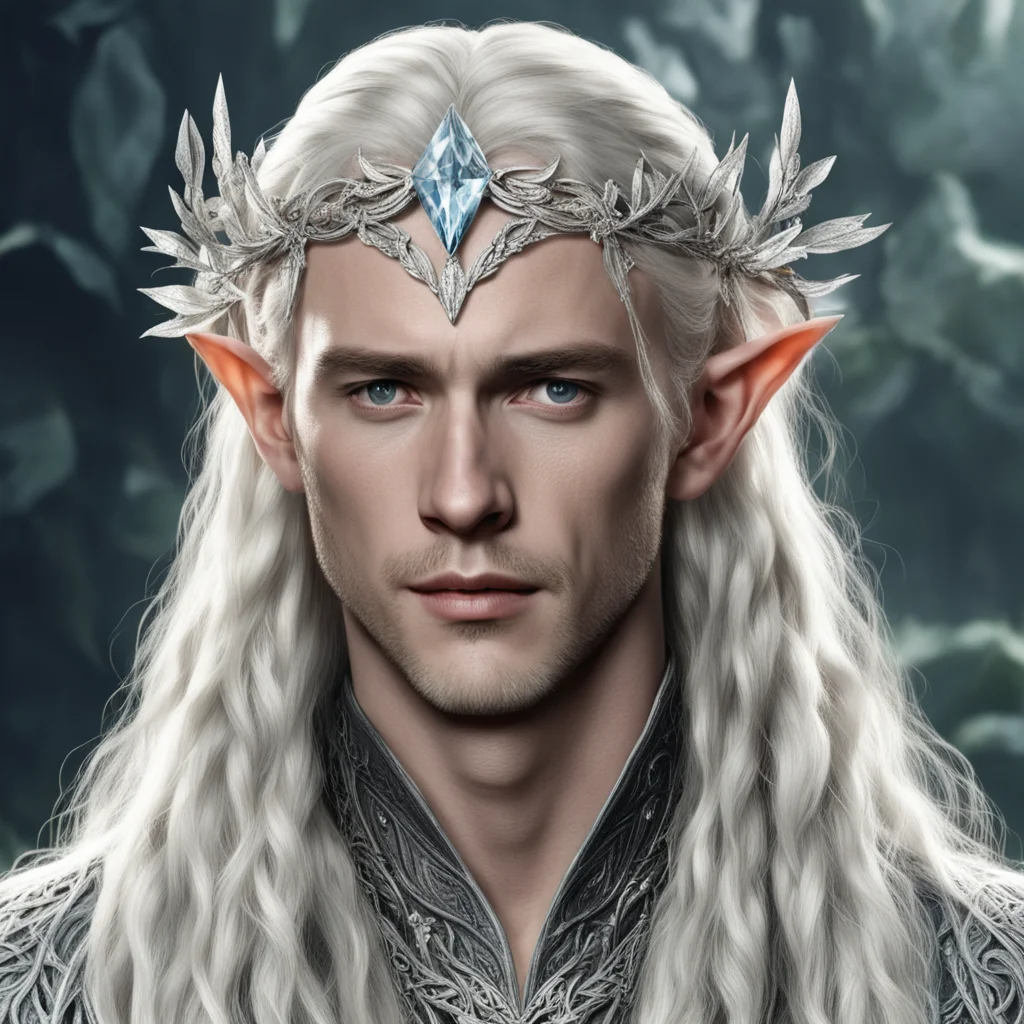 aitolkien king thranduil with blond hair and braids wearing silver orchids encrusted with diamonds forming a silver elvish circlet with large center diamond  good looking trending fantastic 1
