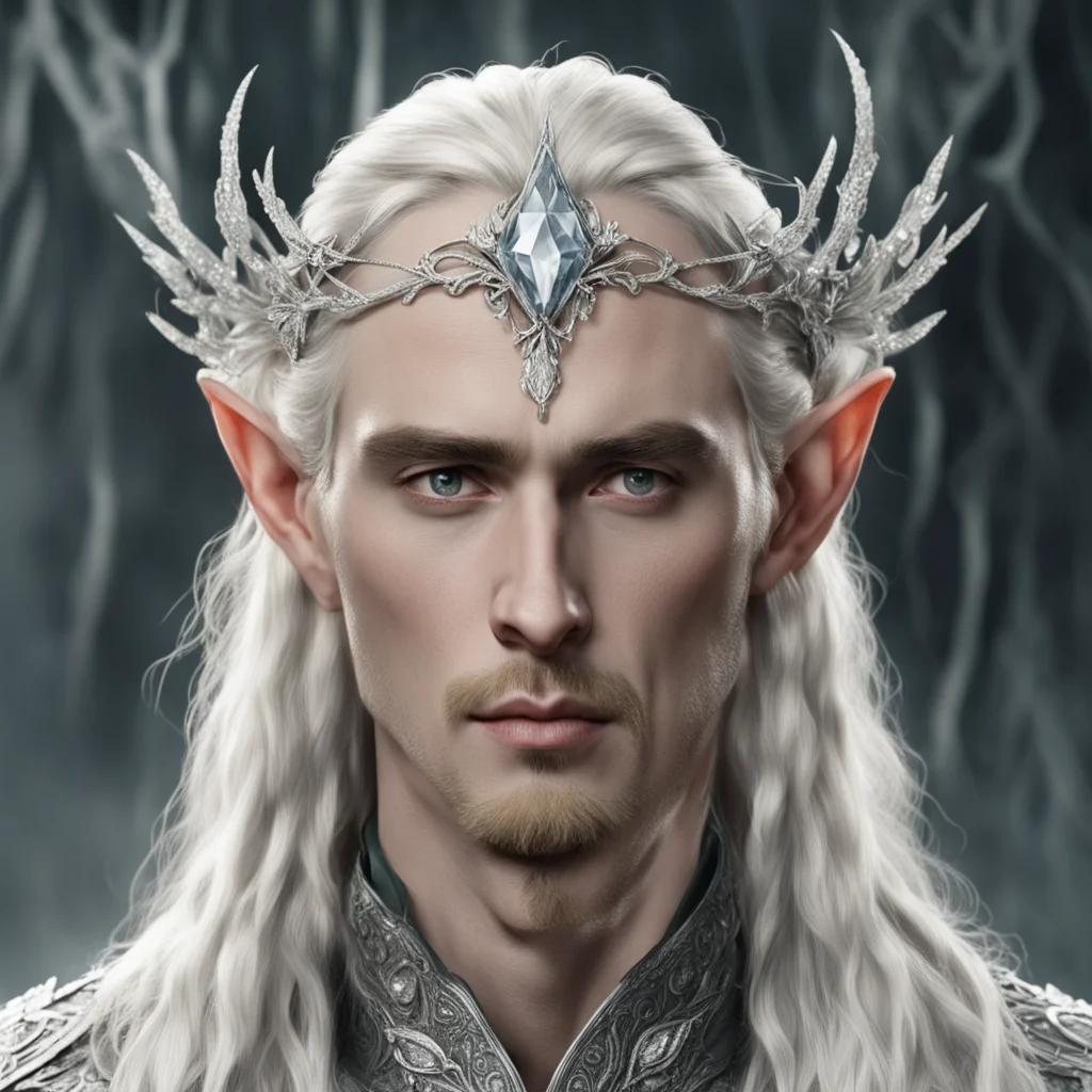 aitolkien king thranduil with blond hair and braids wearing silver orchids encrusted with diamonds forming a silver elvish circlet with large center diamond 