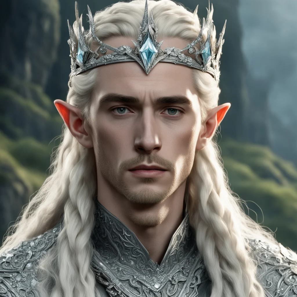 aitolkien king thranduil with blond hair and braids wearing silver pine circlet encrusted with diamonds and large diamond clusters with large center diamond amazing awesome portrait 2
