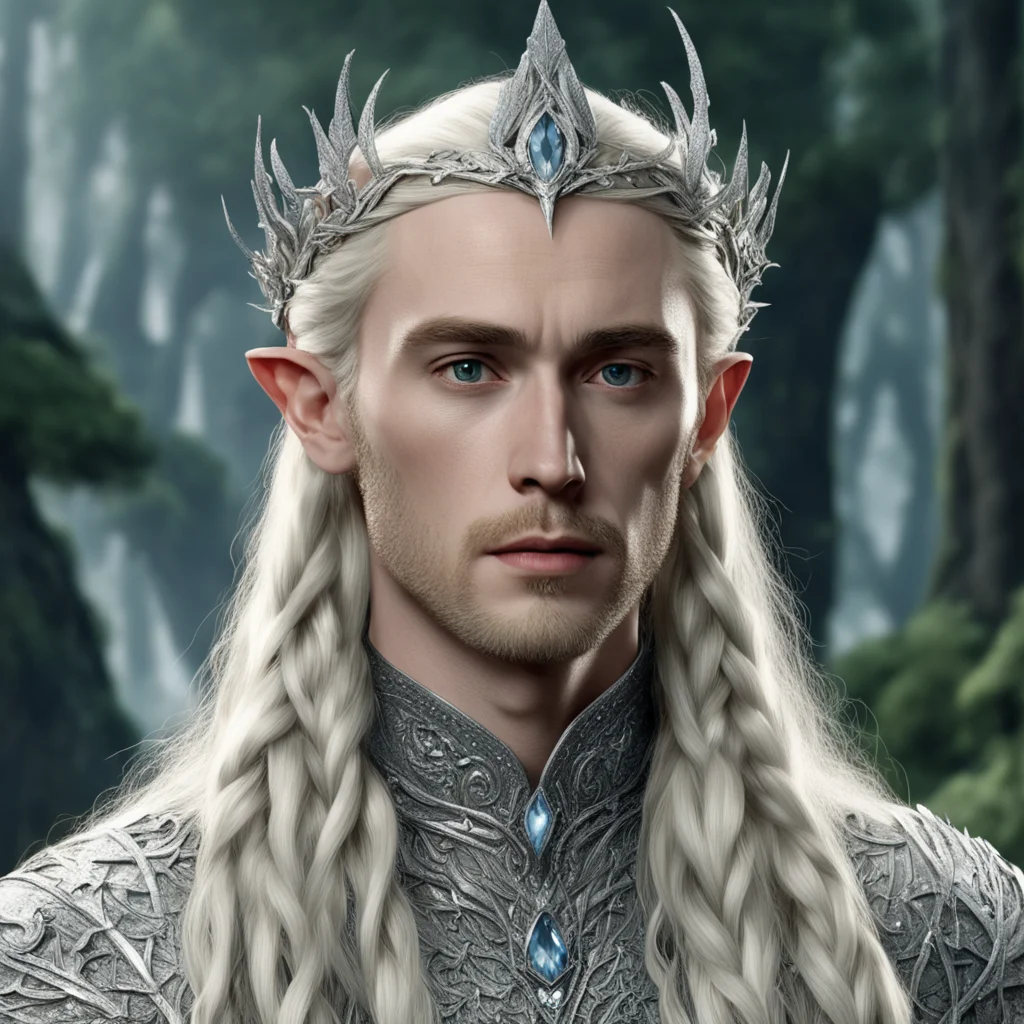 aitolkien king thranduil with blond hair and braids wearing silver pine circlet encrusted with diamonds and large diamond clusters with large center diamond good looking trending fantastic 1