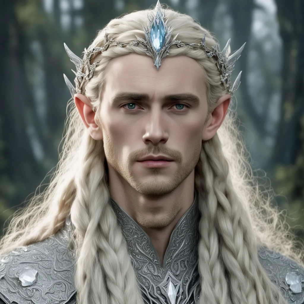 aitolkien king thranduil with blond hair and braids wearing silver pine circlet encrusted with diamonds and large diamond clusters with large center diamond