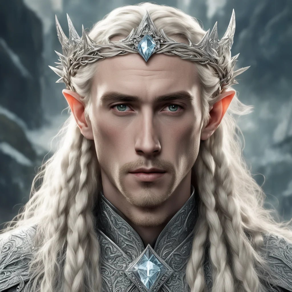 tolkien king thranduil with blond hair and braids wearing silver rose circlet encrusted with diamonds and large diamond clusters with large center diamond amazing awesome portrait 2