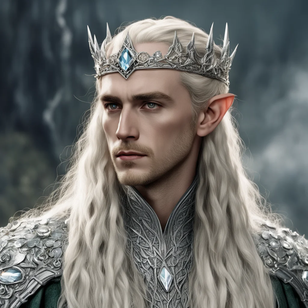 tolkien king thranduil with blond hair and braids wearing silver rose circlet encrusted with diamonds and large diamond clusters with large center diamond good looking trending fantastic 1