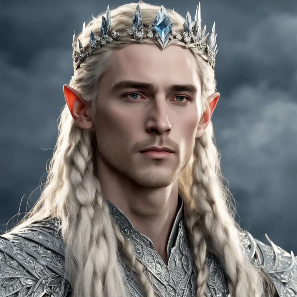 tolkien king thranduil with blond hair and braids wearing silver rose circlet encrusted with diamonds and large diamond clusters with large center diamond