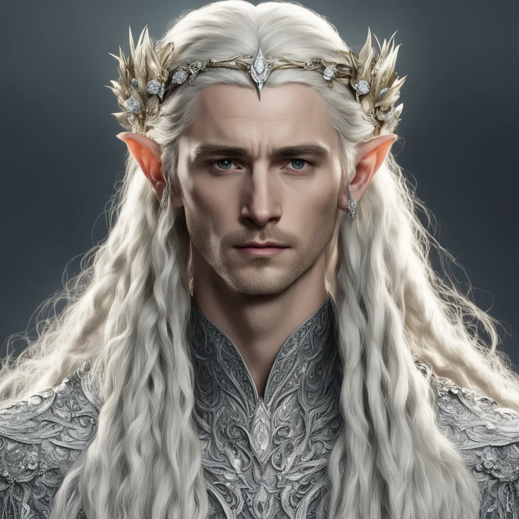tolkien king thranduil with blond hair and braids wearing silver roses encrusted with diamonds and large clusters of diamonds comprising a silver elvish circlet with prominent center diamond  amazin