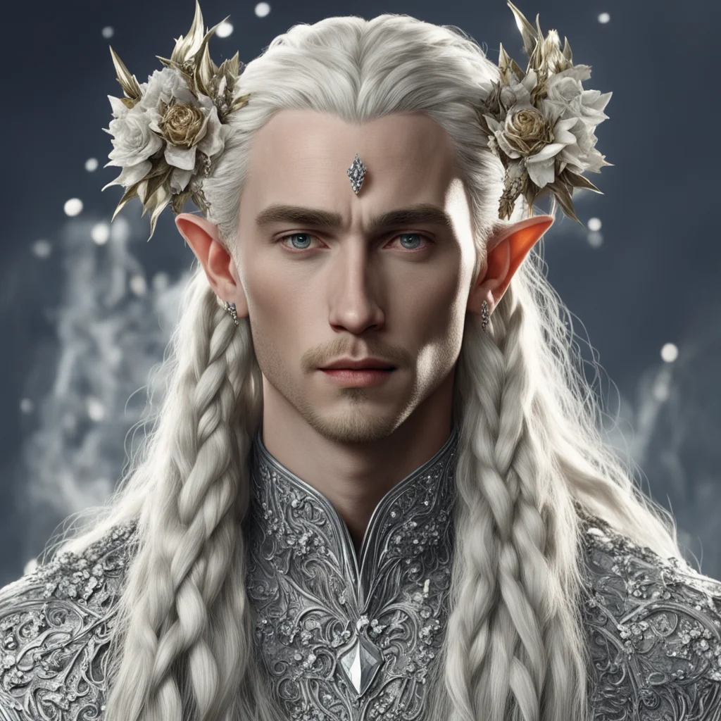 tolkien king thranduil with blond hair and braids wearing silver roses encrusted with diamonds and large clusters of diamonds comprising a silver elvish circlet with prominent center diamond  good l