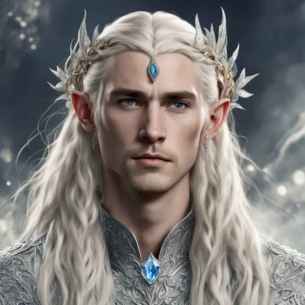 aitolkien king thranduil with blond hair and braids wearing silver roses encrusted with diamonds and large clusters of diamonds comprising a silver elvish circlet with prominent center diamond 