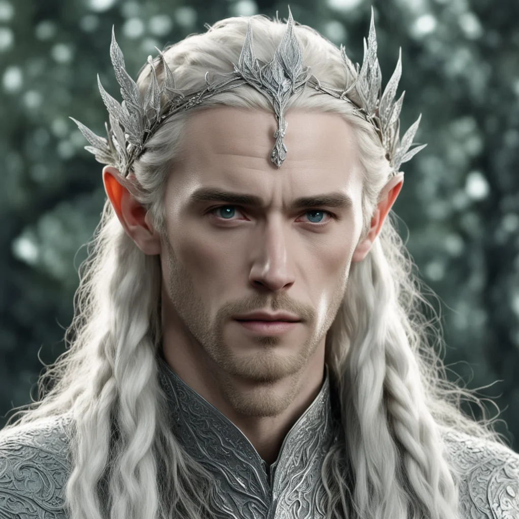 tolkien king thranduil with blond hair and braids wearing silver serpentine elvish circlet comprised of small silver leaves encrusted with diamonds with large center diamond  amazing awesome portrai