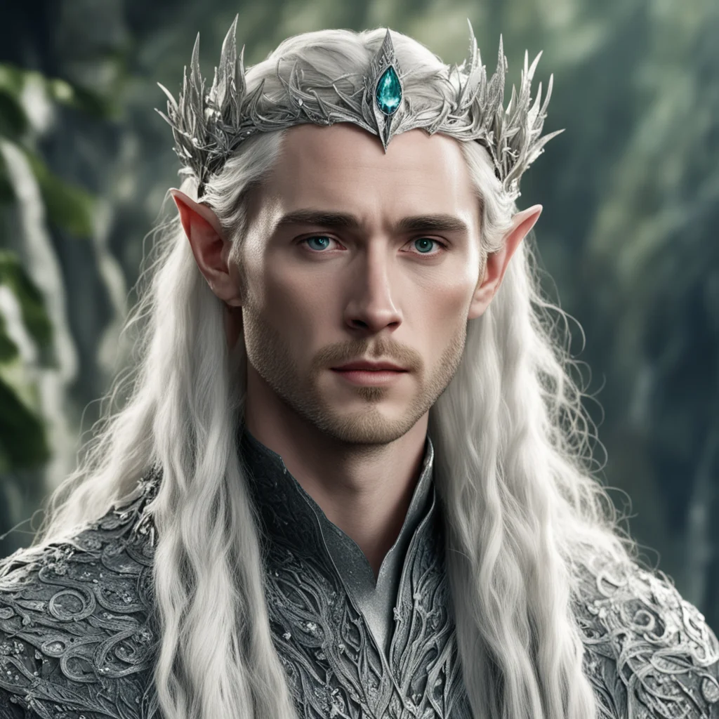 aitolkien king thranduil with blond hair and braids wearing silver serpentine elvish circlet comprised of small silver leaves encrusted with diamonds with large center diamond 