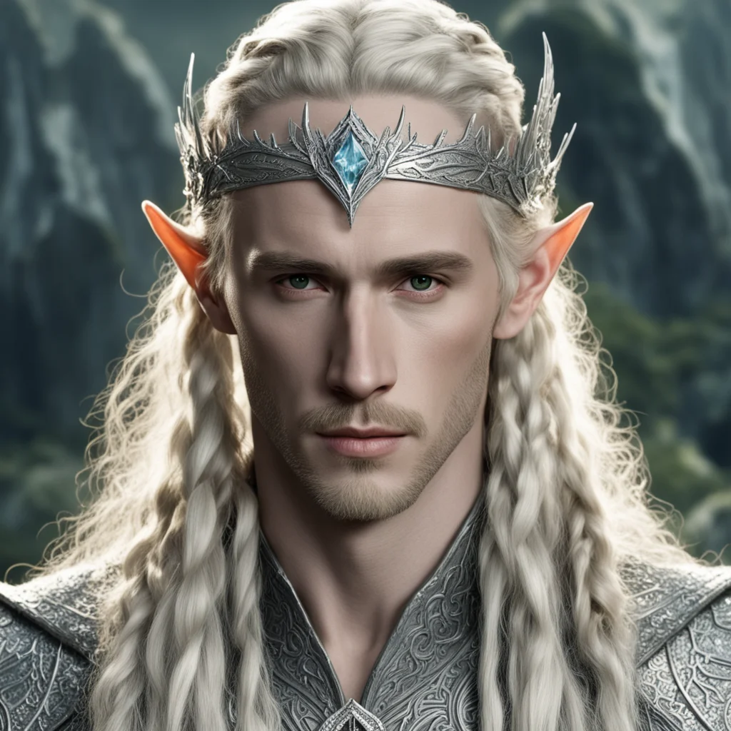 aitolkien king thranduil with blond hair and braids wearing silver serpentine elvish circlet encrusted with diamonds with large center diamond  good looking trending fantastic 1