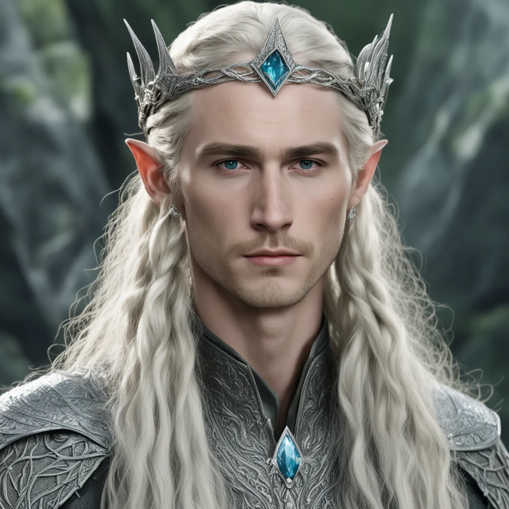 aitolkien king thranduil with blond hair and braids wearing silver serpentine elvish circlet encrusted with diamonds with large center diamond 