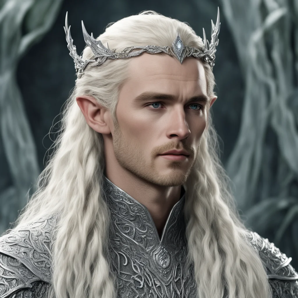 tolkien king thranduil with blond hair and braids wearing silver serpentine elvish circlet encrusted with diamonds with large center diamond amazing awesome portrait 2