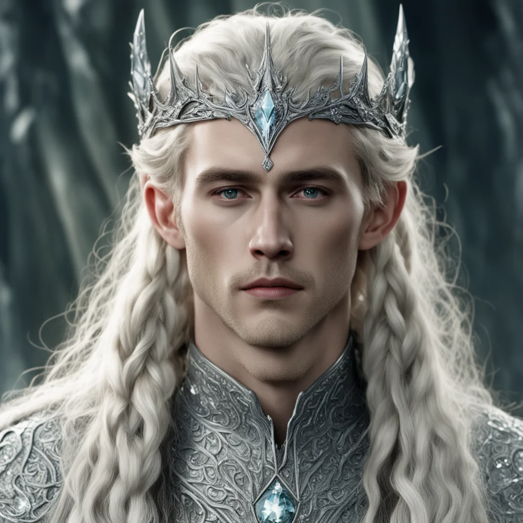 tolkien king thranduil with blond hair and braids wearing silver serpentine elvish circlet heavily encrusted with diamonds with large center diamond 