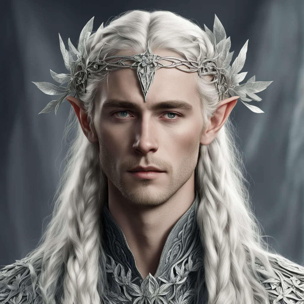 aitolkien king thranduil with blond hair and braids wearing silver serpentine flowers encrusted with diamonds intertwined to form a silver sindarin elvish circlet with large center diamond 