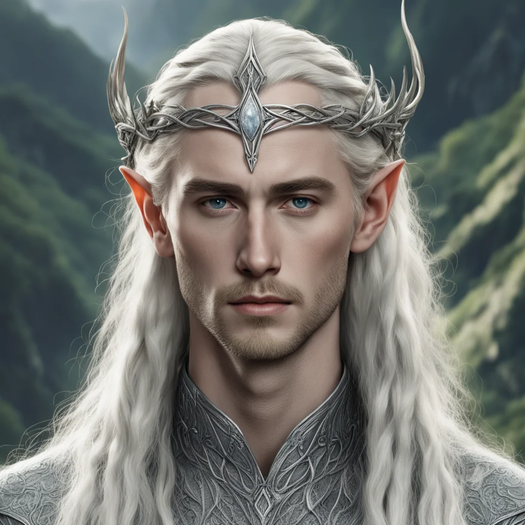 aitolkien king thranduil with blond hair and braids wearing silver serpentine intertwined into silver elvish circlet with prominent center diamond good looking trending fantastic 1