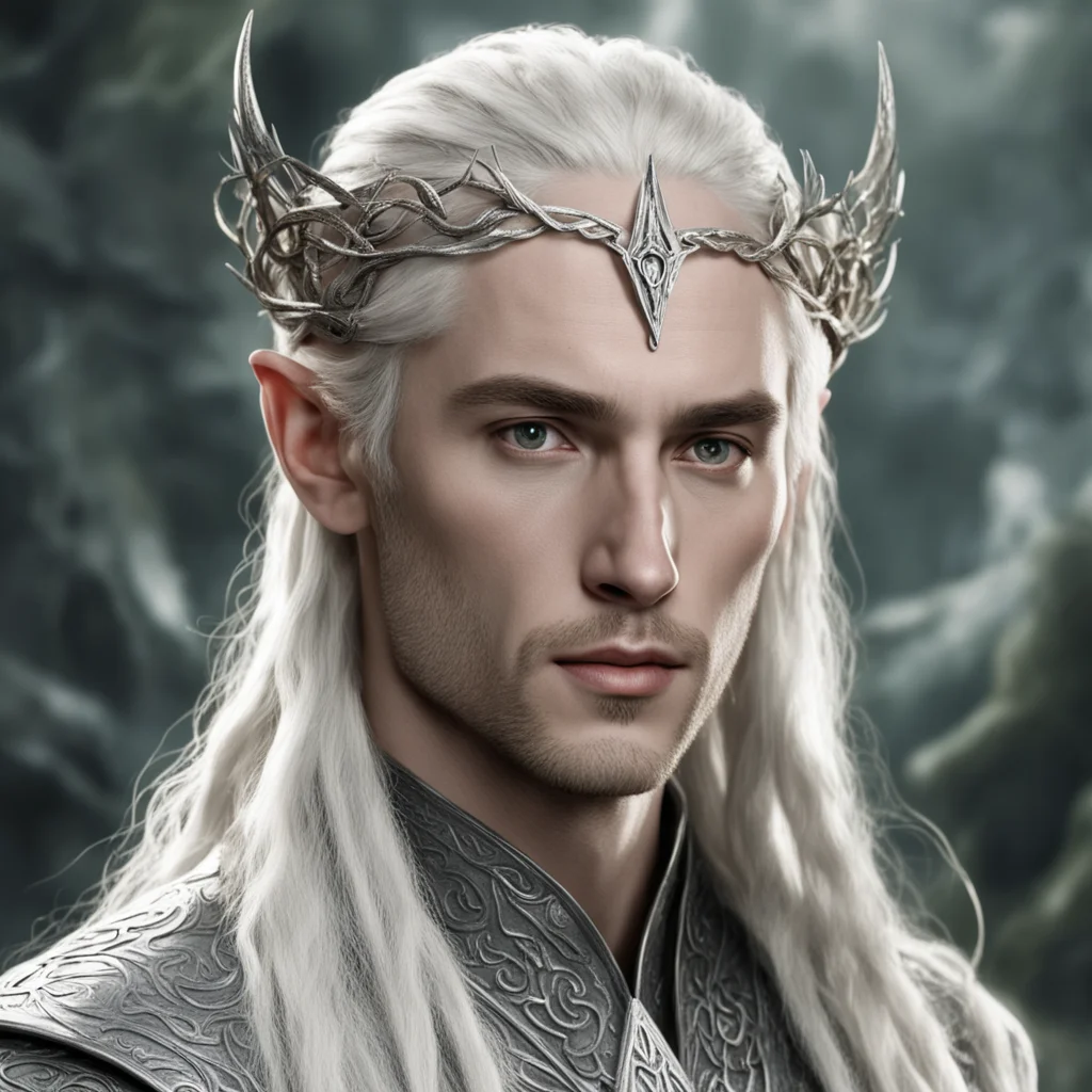 tolkien king thranduil with blond hair and braids wearing silver serpentine intertwined into silver elvish circlet with prominent center diamond