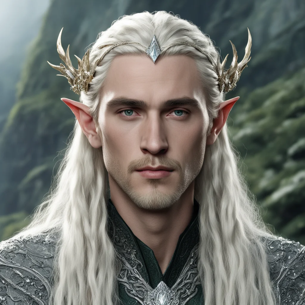 aitolkien king thranduil with blond hair and braids wearing silver serpentine nandorin elvish circlet encrusted with diamonds with large center diamond  amazing awesome portrait 2