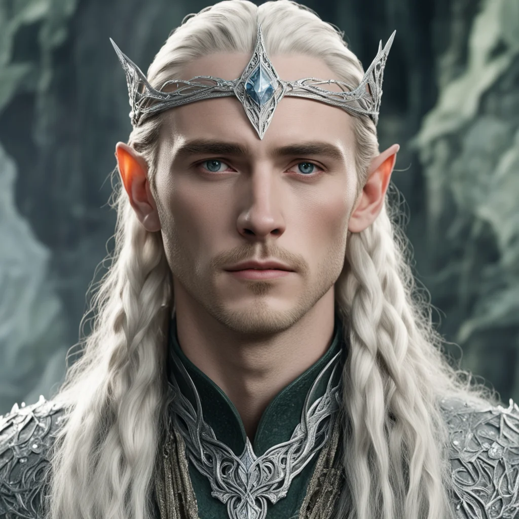 tolkien king thranduil with blond hair and braids wearing silver serpentine nandorin elvish circlet encrusted with diamonds with large center diamond  good looking trending fantastic 1