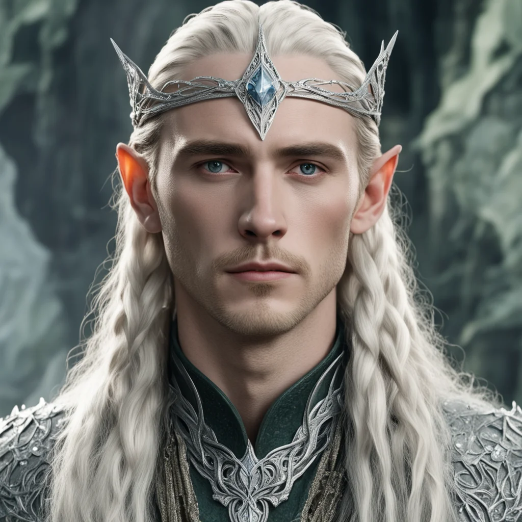 aitolkien king thranduil with blond hair and braids wearing silver serpentine nandorin elvish circlet encrusted with diamonds with large center diamond  good looking trending fantastic 1