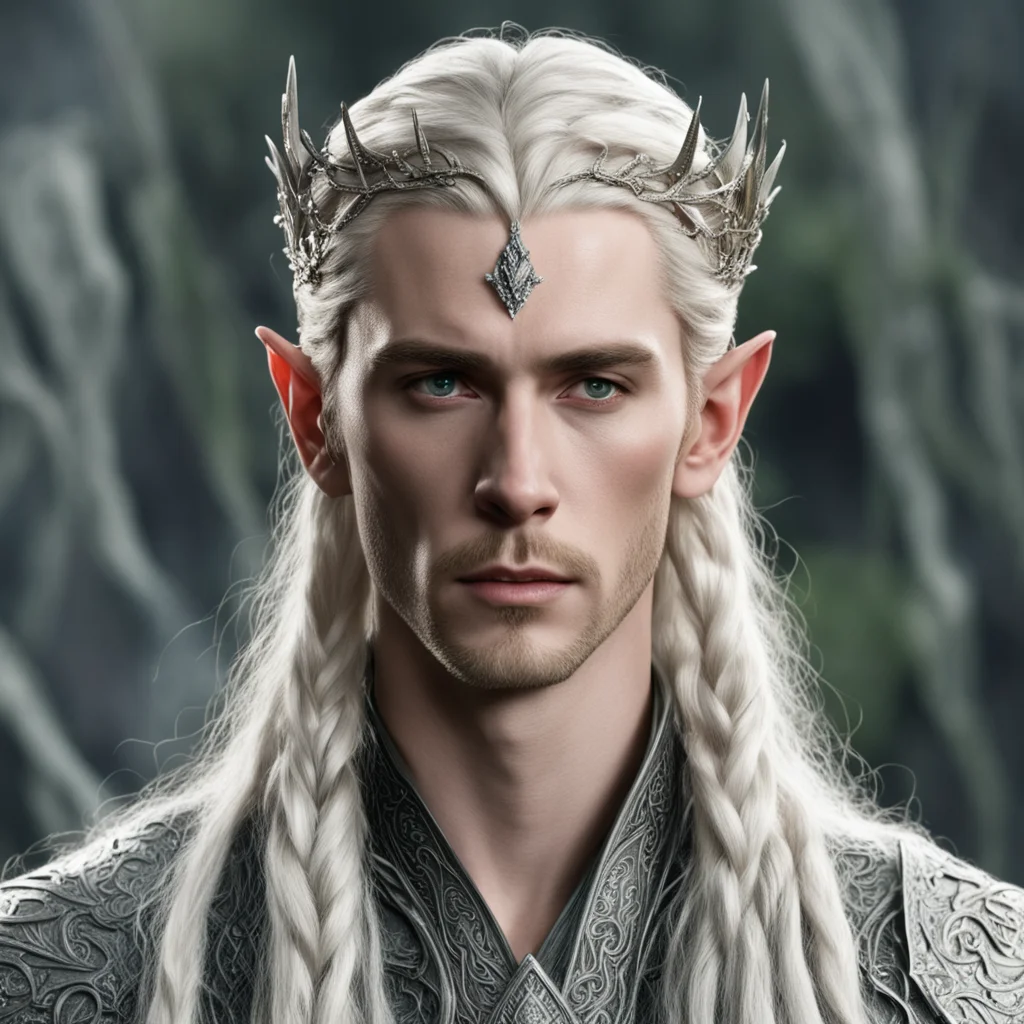 aitolkien king thranduil with blond hair and braids wearing silver serpentine nandorin elvish circlet encrusted with diamonds with large center diamond 