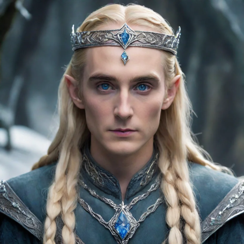 aitolkien king thranduil with blond hair and braids wearing silver serpentine sindarin elvish circlet encrusted with diamonds with large center bluish diamond 